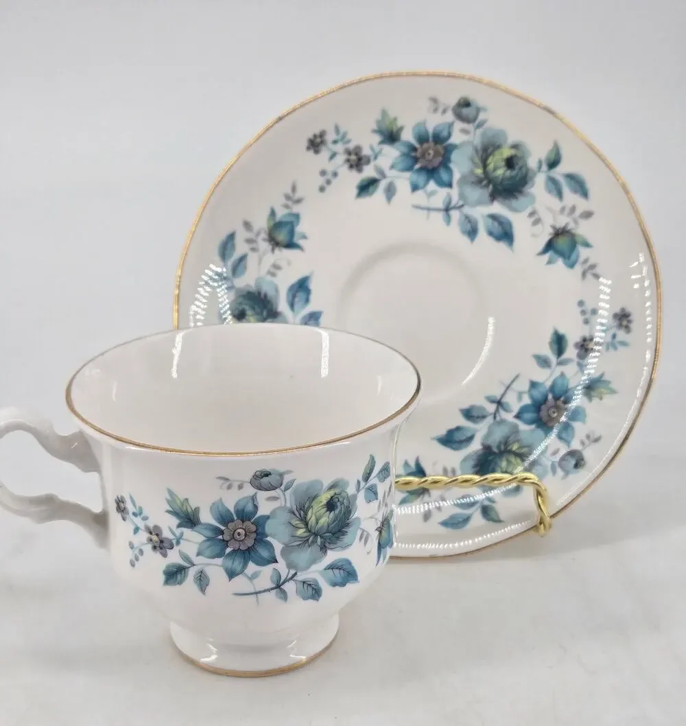 Mid Century 60s Blue Flowers Queen Anne Fine Bone China Tea Cup and Saucer